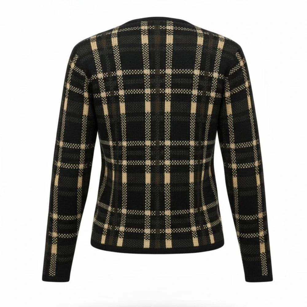 Liz Baker Vintage Black & Tan Plaid Cardigan Sweater Medium - Picture 2 of 3